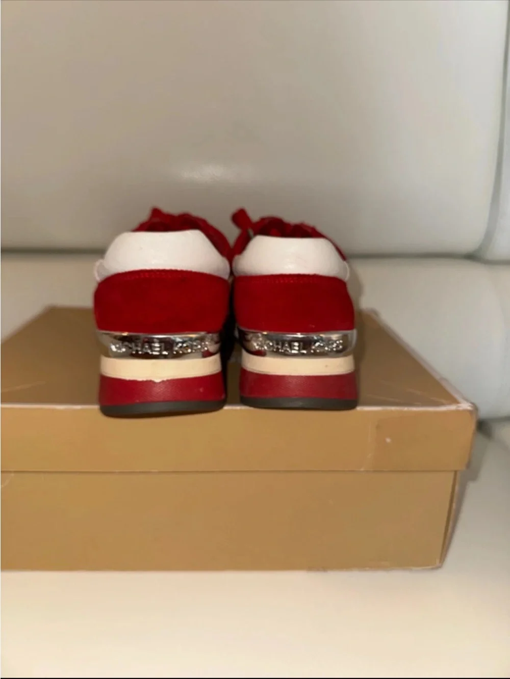 MICHAEL KORS RED & WHITE SUEDE LACE-UP SNEAKER